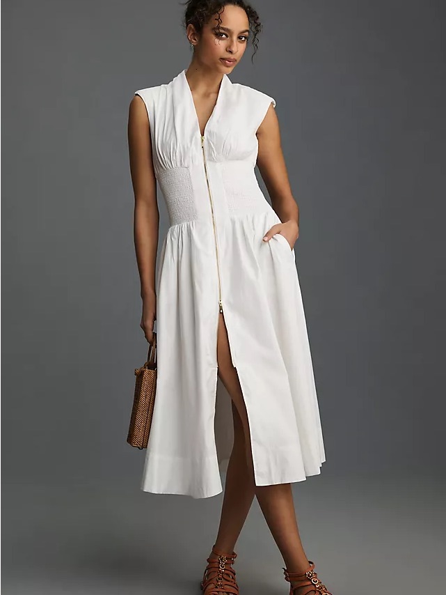 Nwt Anthropologie The Tommie Cap-Sleeve Smocked Front-Zip Shirt Dress